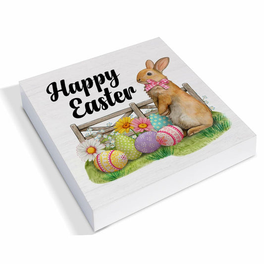 Rustic Bunny Wood Sign Happy Easter Decor Tabletop Shelf 5x5 Inches