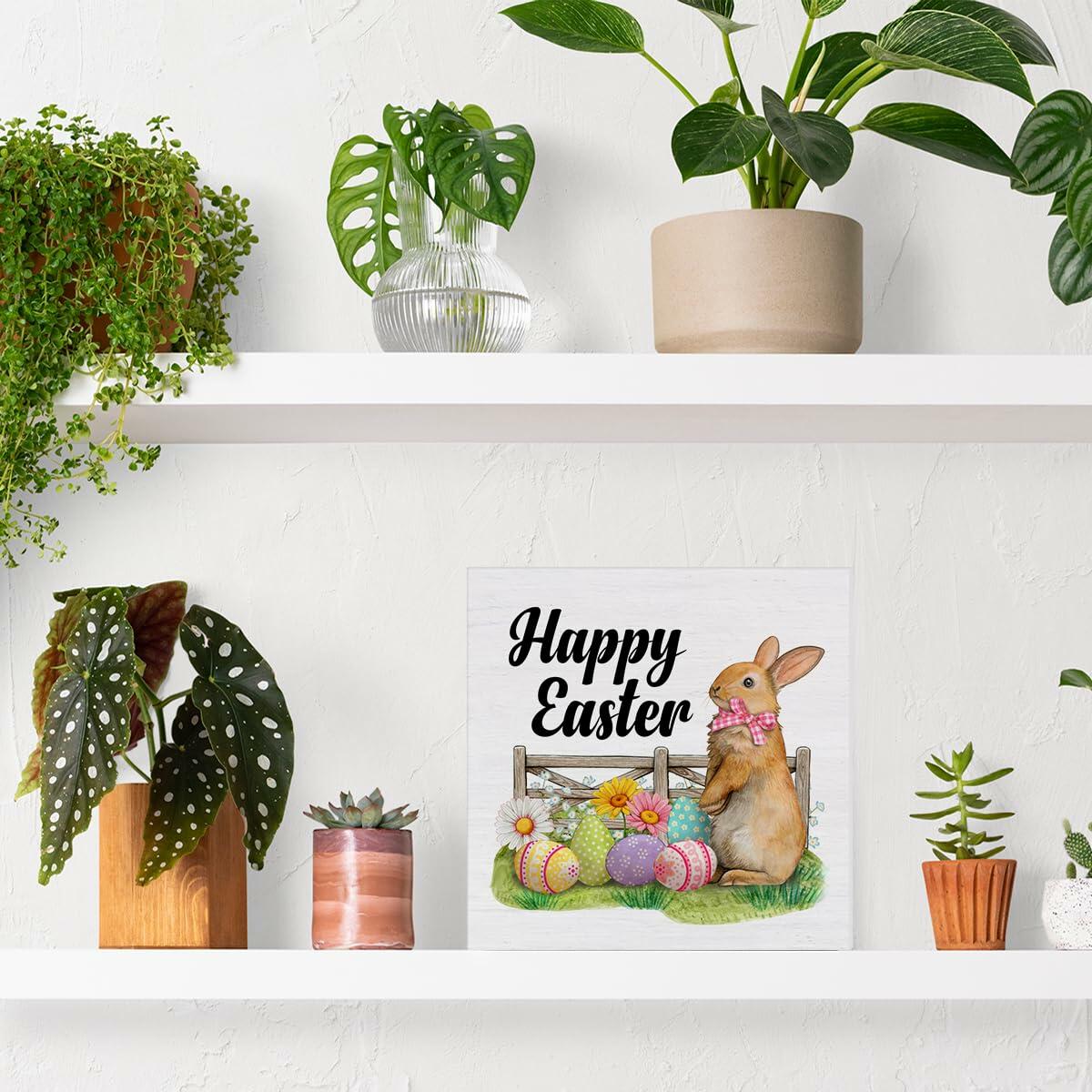 Rustic Bunny Wood Sign Happy Easter Decor Tabletop Shelf 5x5 Inches