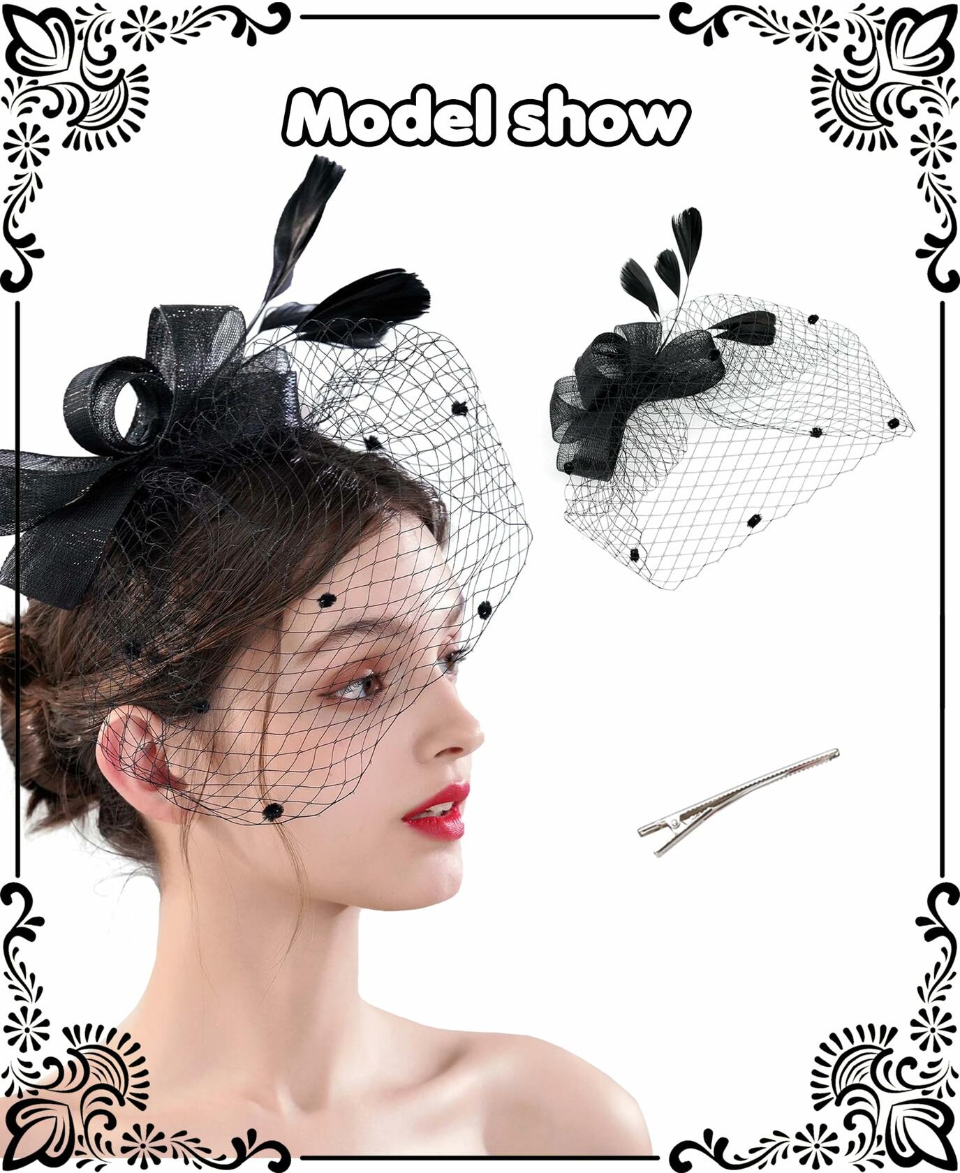 Kidukso Fascinators Hat Vintage 1930s Derby Mesh Veil Feathers Black