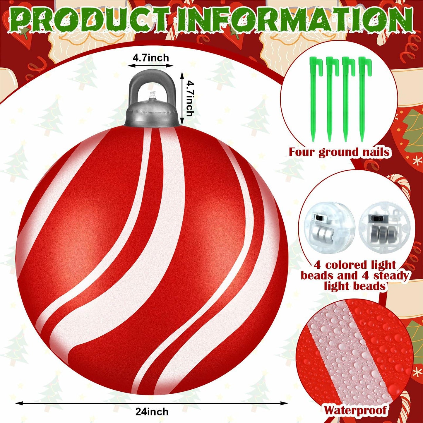 Jetec 4 Pcs 24in Light Up PVC Inflatable Christmas Balls Outdoor Decorations