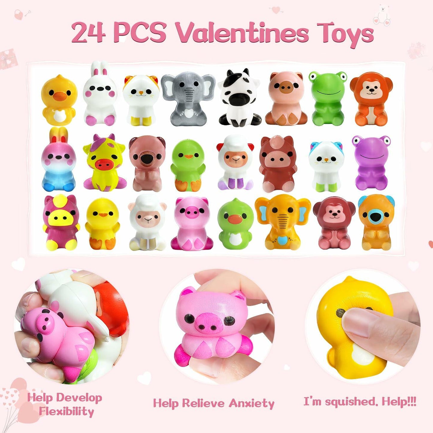 BOMLY 24 Pack Valentines Day Animal Squishy Toys Cards for Kids Classroom