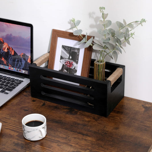 Wood Toilet Paper Holder Basket with Handles Black 12x5.9x4.9in Black