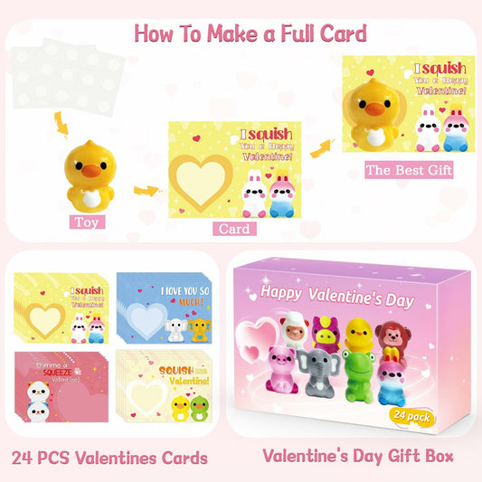 BOMLY 24 Pack Valentines Day Animal Squishy Toys Cards for Kids Classroom