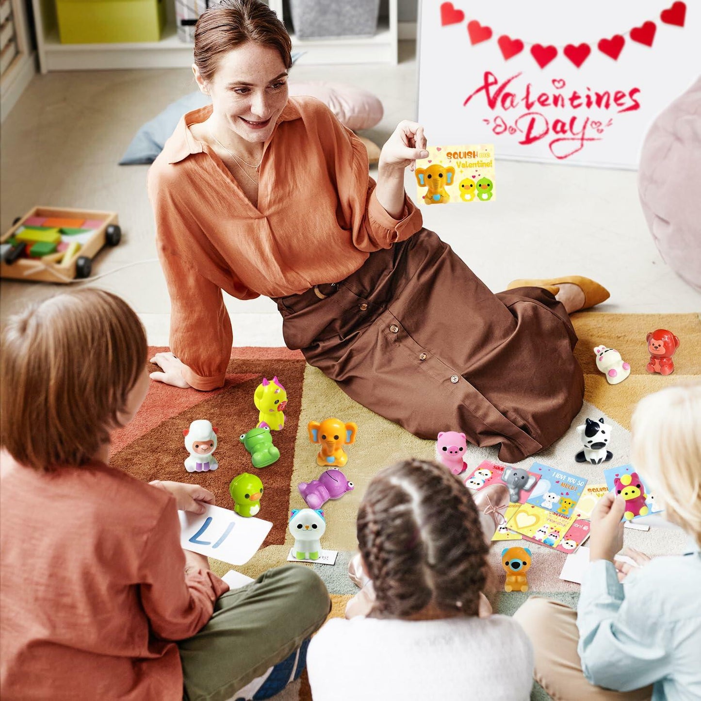 BOMLY 24 Pack Valentines Day Animal Squishy Toys Cards for Kids Classroom