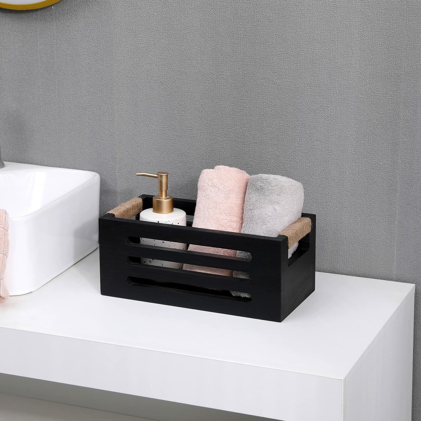 Wood Toilet Paper Holder Basket with Handles Black 12x5.9x4.9in Black