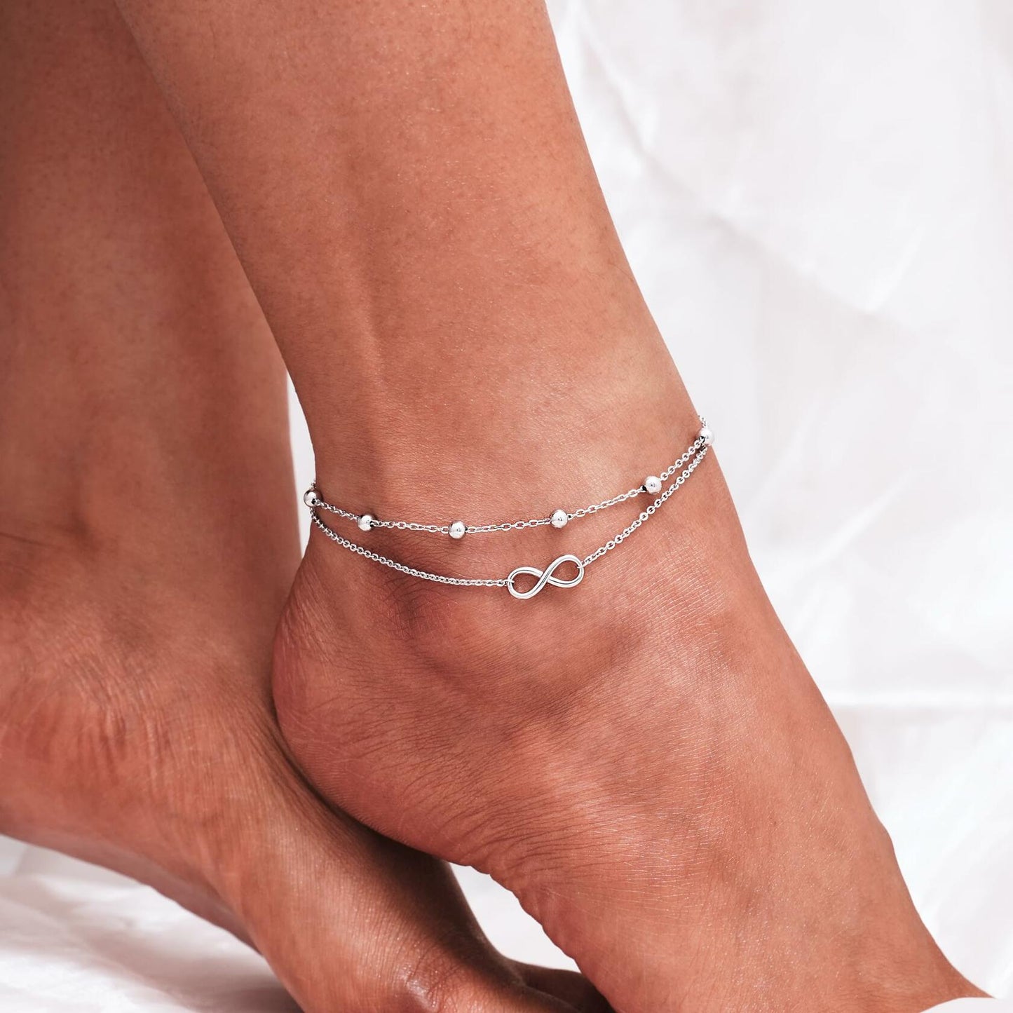 Infinity 925 Sterling Silver Waterproof Double Layer Anklet 11 inch