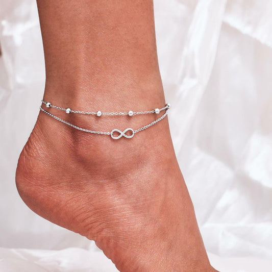 Infinity 925 Sterling Silver Waterproof Double Layer Anklet 11 inch