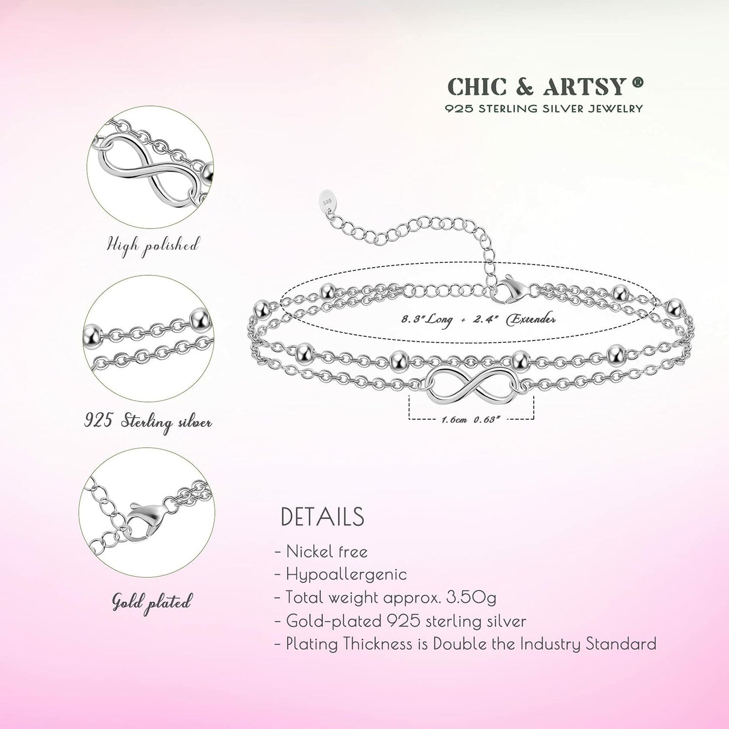 Infinity 925 Sterling Silver Waterproof Double Layer Anklet 11 inch