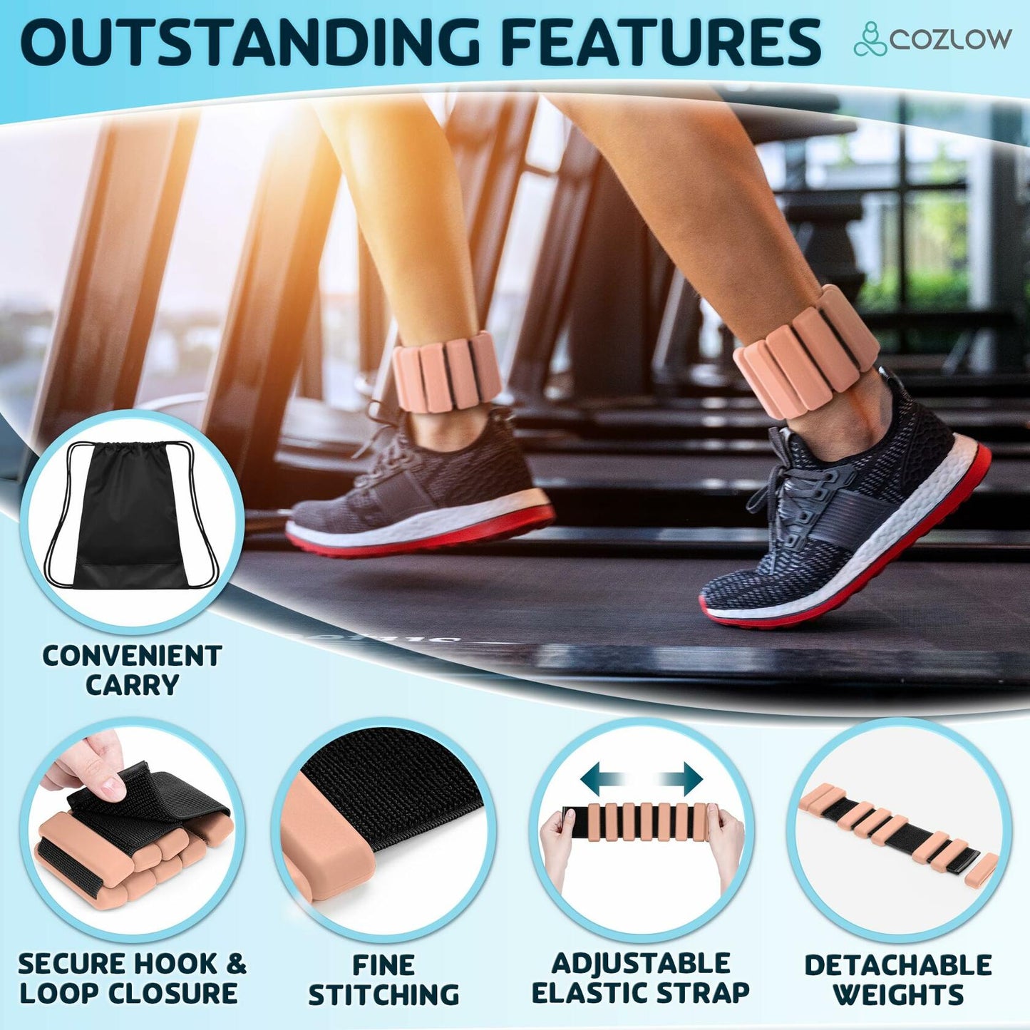 Cozlow Adjustable Ankle & Wrist Weights 1 lb Peach Set of 2
