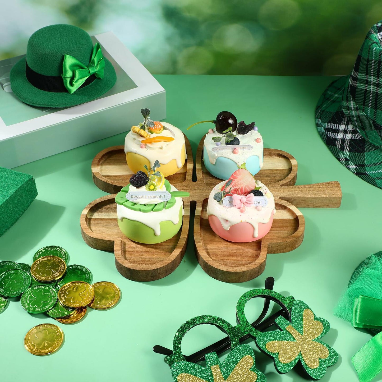 Geetery 12 Pc Wooden Four Leaf Snack Serving Tray Set Multi-color Clover