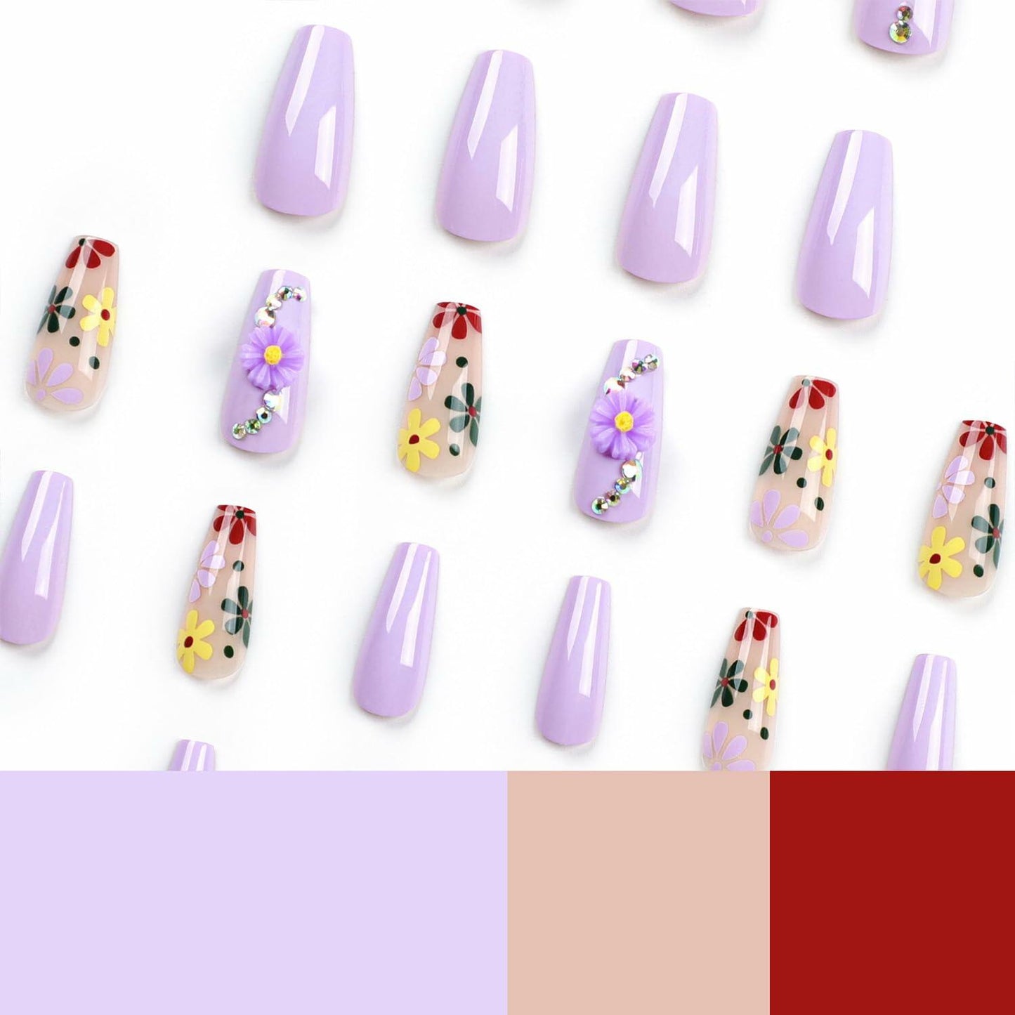 LPOODDNU Press On Nails Medium Coffin Glossy Purple 24Pcs Spring Daisy