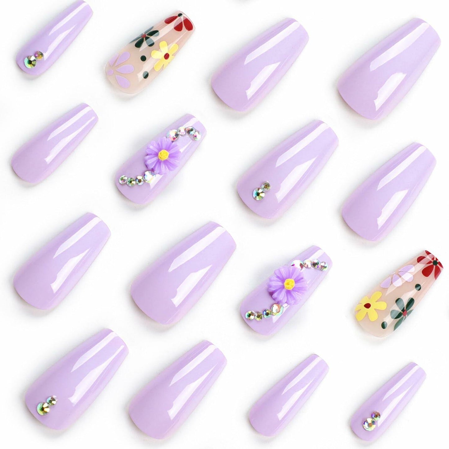 LPOODDNU Press On Nails Medium Coffin Glossy Purple 24Pcs Spring Daisy