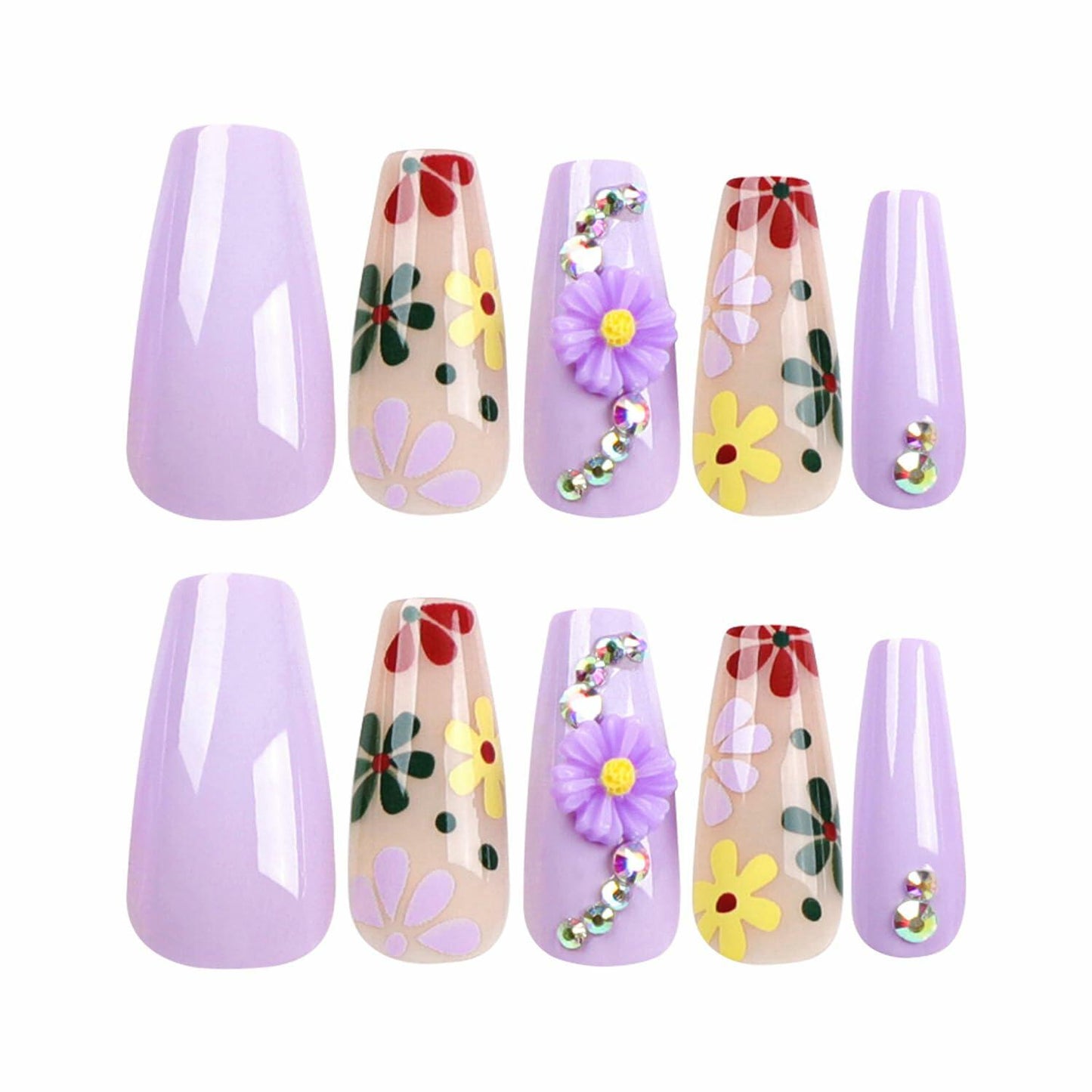 LPOODDNU Press On Nails Medium Coffin Glossy Purple 24Pcs Spring Daisy