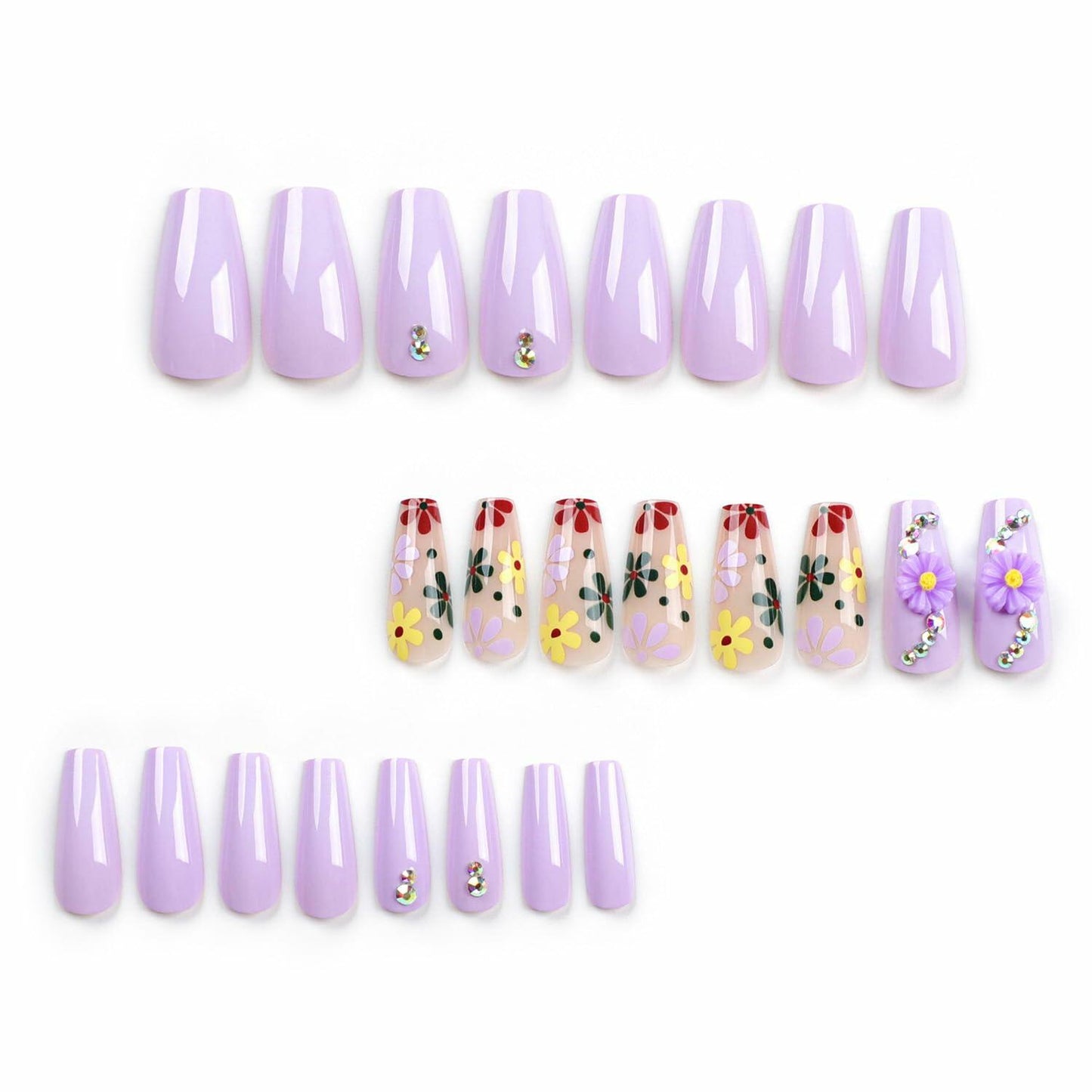 LPOODDNU Press On Nails Medium Coffin Glossy Purple 24Pcs Spring Daisy