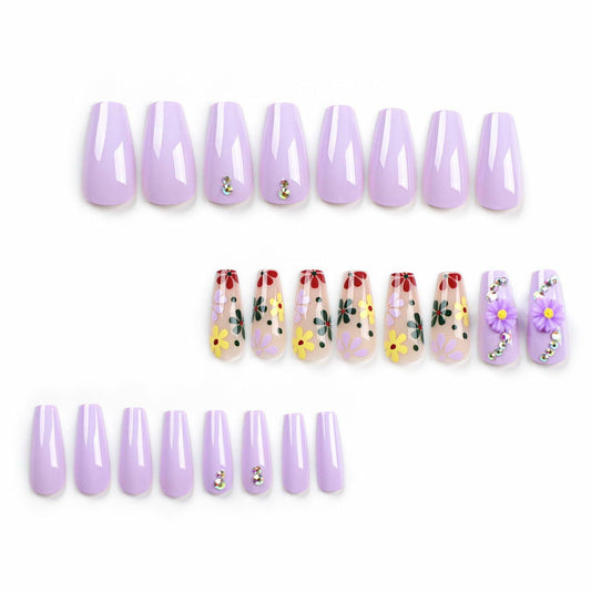LPOODDNU Press On Nails Medium Coffin Glossy Purple 24Pcs Spring Daisy