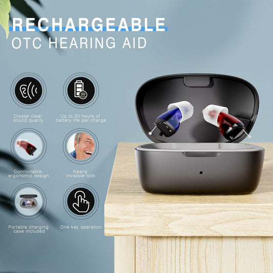 OTC Rechargeable Hearing Aids for Seniors Noise Cancellation In-Ear Black