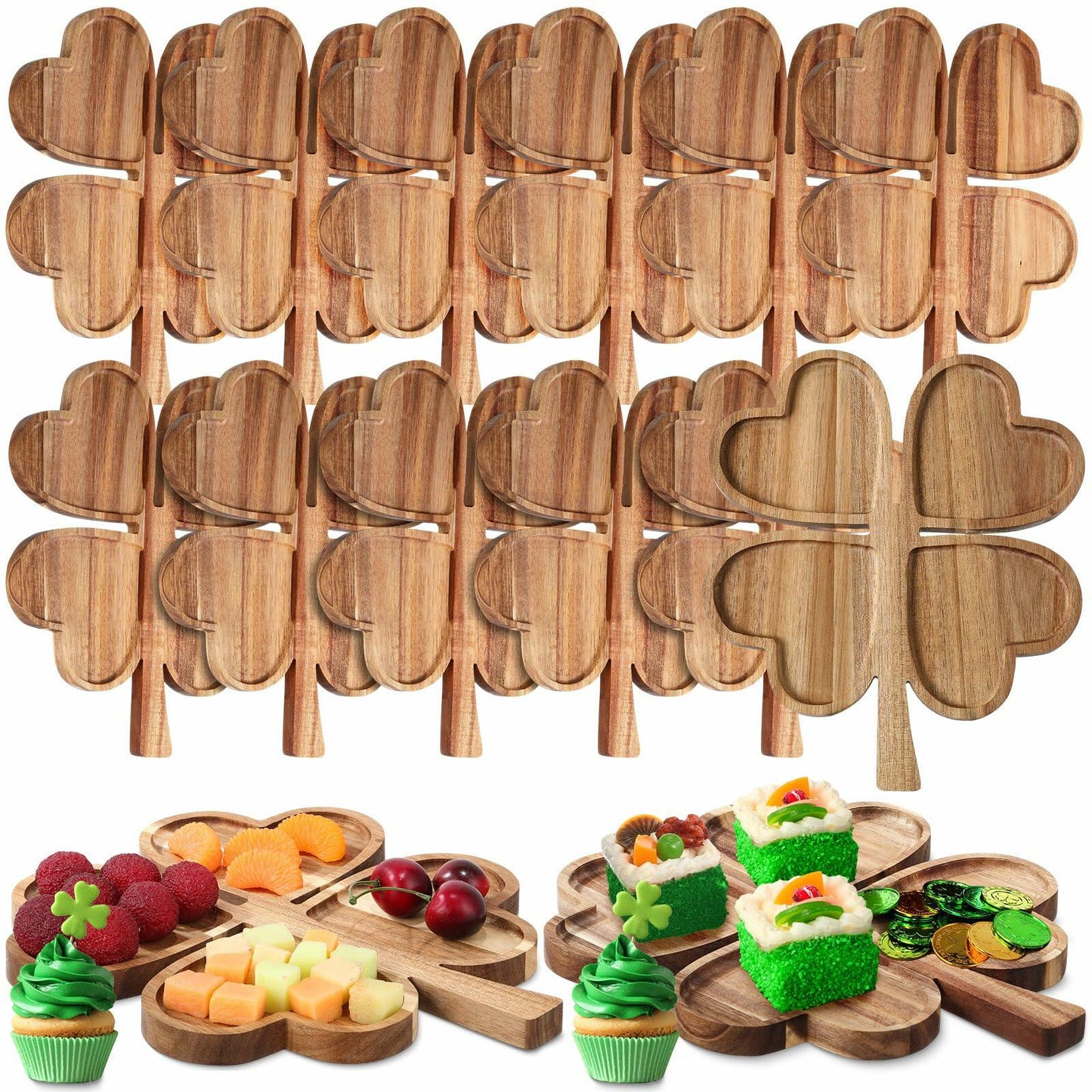 Geetery 12 Pc Wooden Four Leaf Snack Serving Tray Set Multi-color Clover