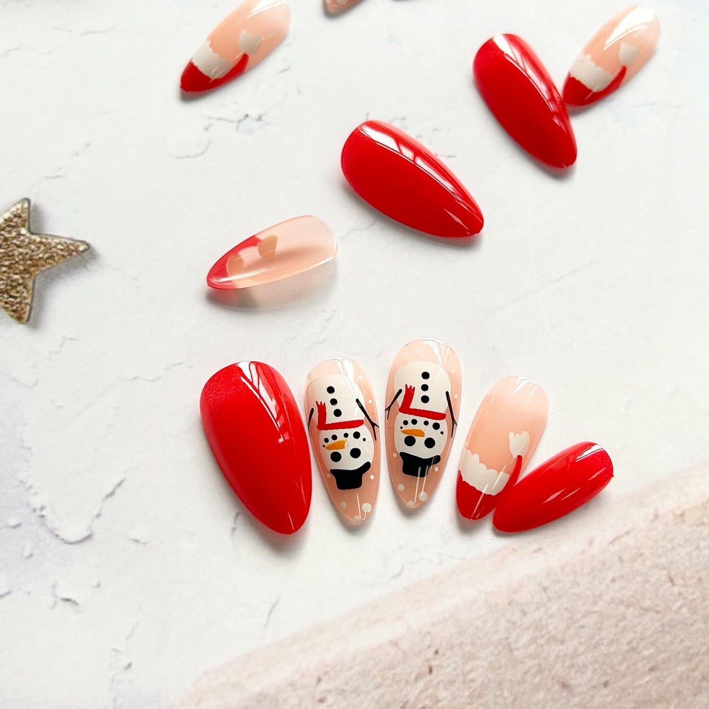 24 Pcs Red French Tip Press On Nails Medium Almond Acrylic Christmas Design