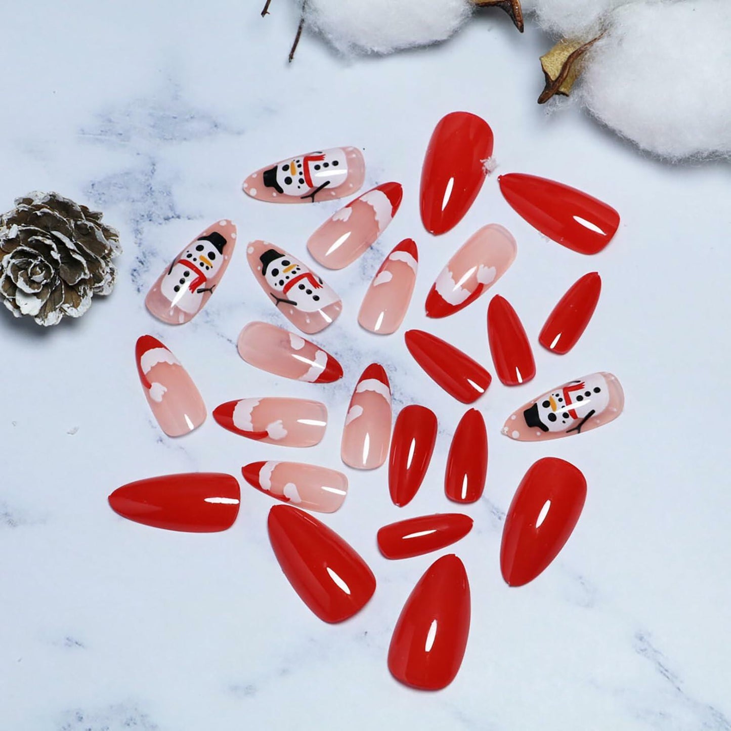 24 Pcs Red French Tip Press On Nails Medium Almond Acrylic Christmas Design