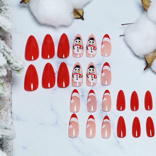 24 Pcs Red French Tip Press On Nails Medium Almond Acrylic Christmas Design
