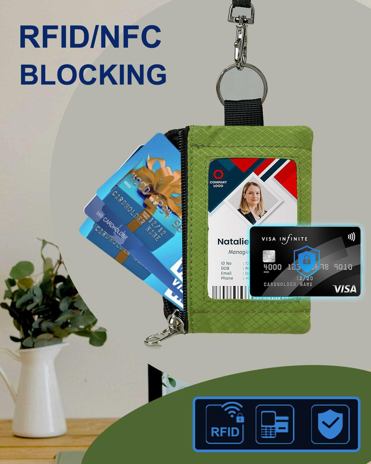 Minimalist Wallet RFID Blocking Keychain Lanyard Zipper ID Case Olive Green