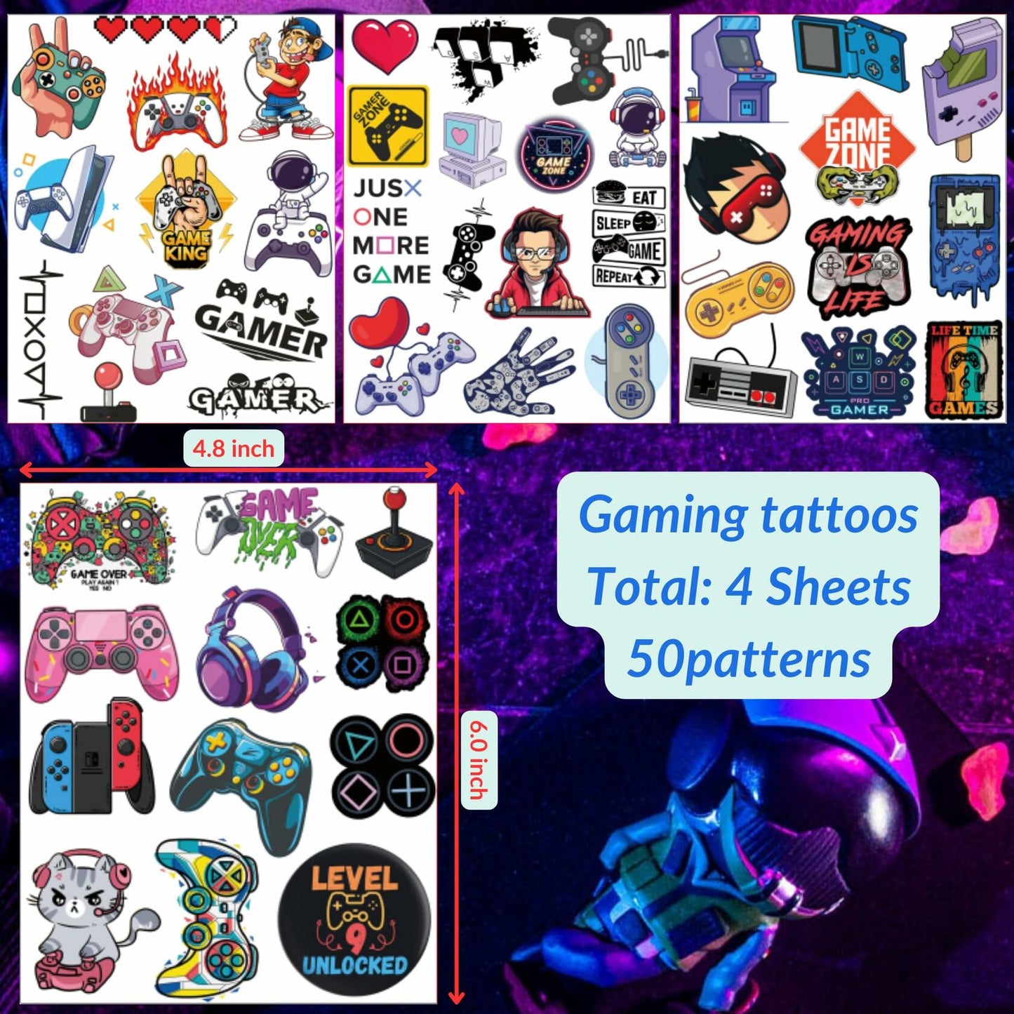 Gaming Temporary Tattoos 4 Sheets Colorful Gamer Party Favors Gift Idea