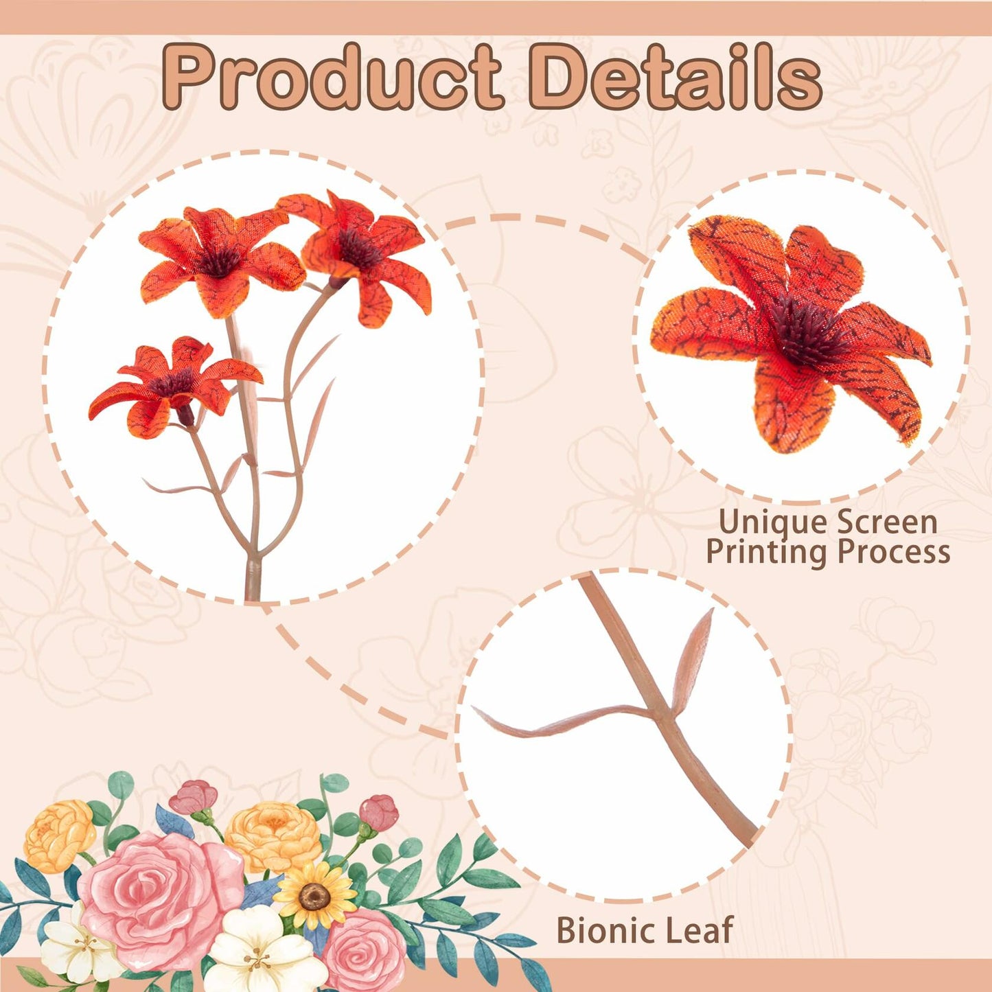 Ammyoo Artificial Flowers 6 Pcs Long Stem Fake Flower Vase Filler Decor