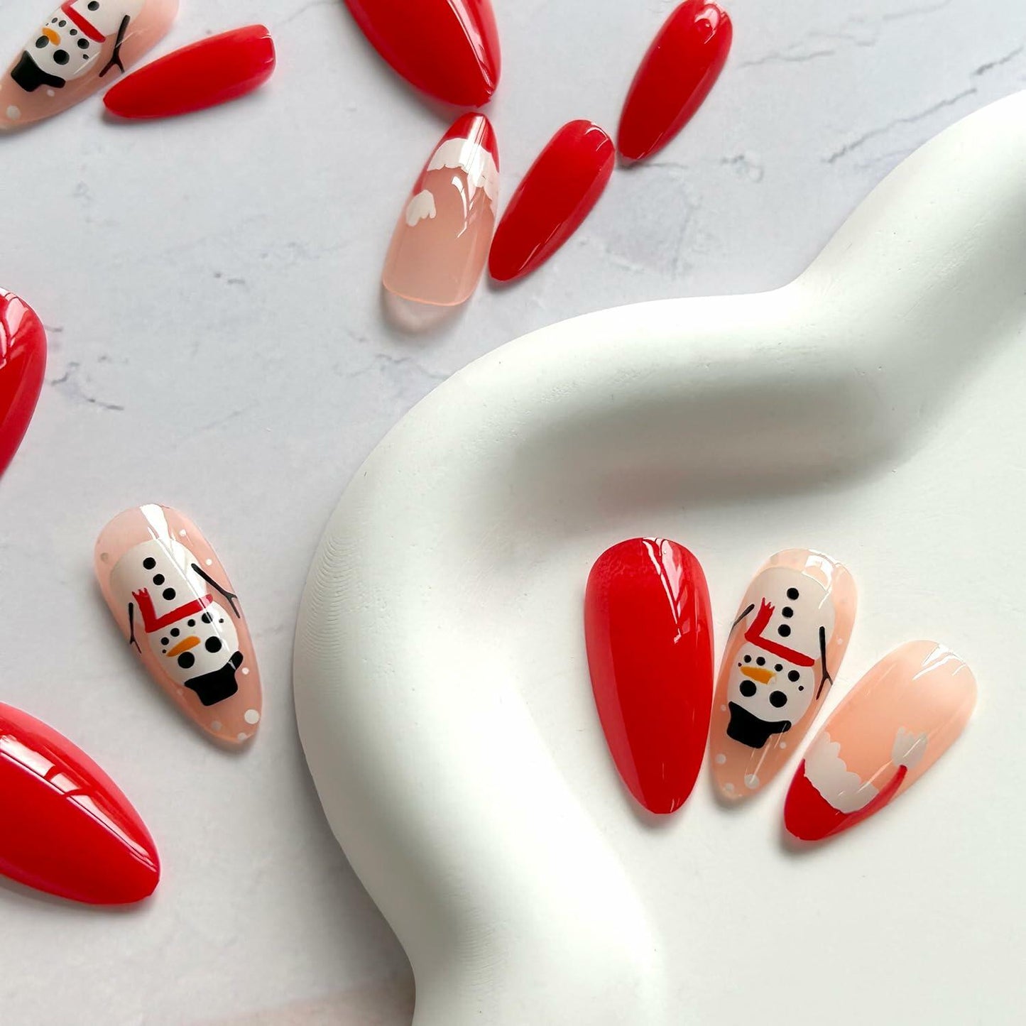 24 Pcs Red French Tip Press On Nails Medium Almond Acrylic Christmas Design