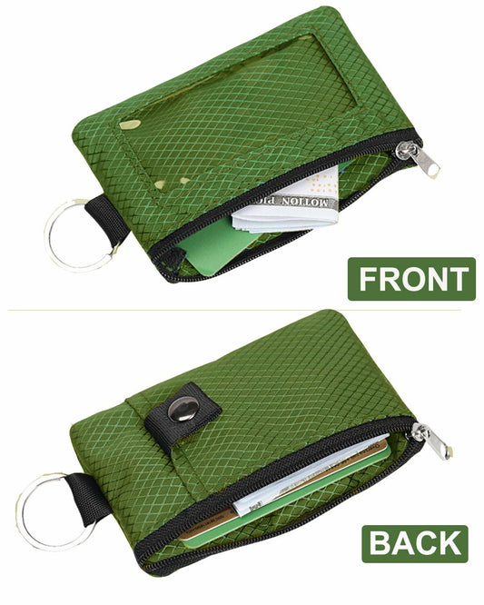 Minimalist Wallet RFID Blocking Keychain Lanyard Zipper ID Case Olive Green