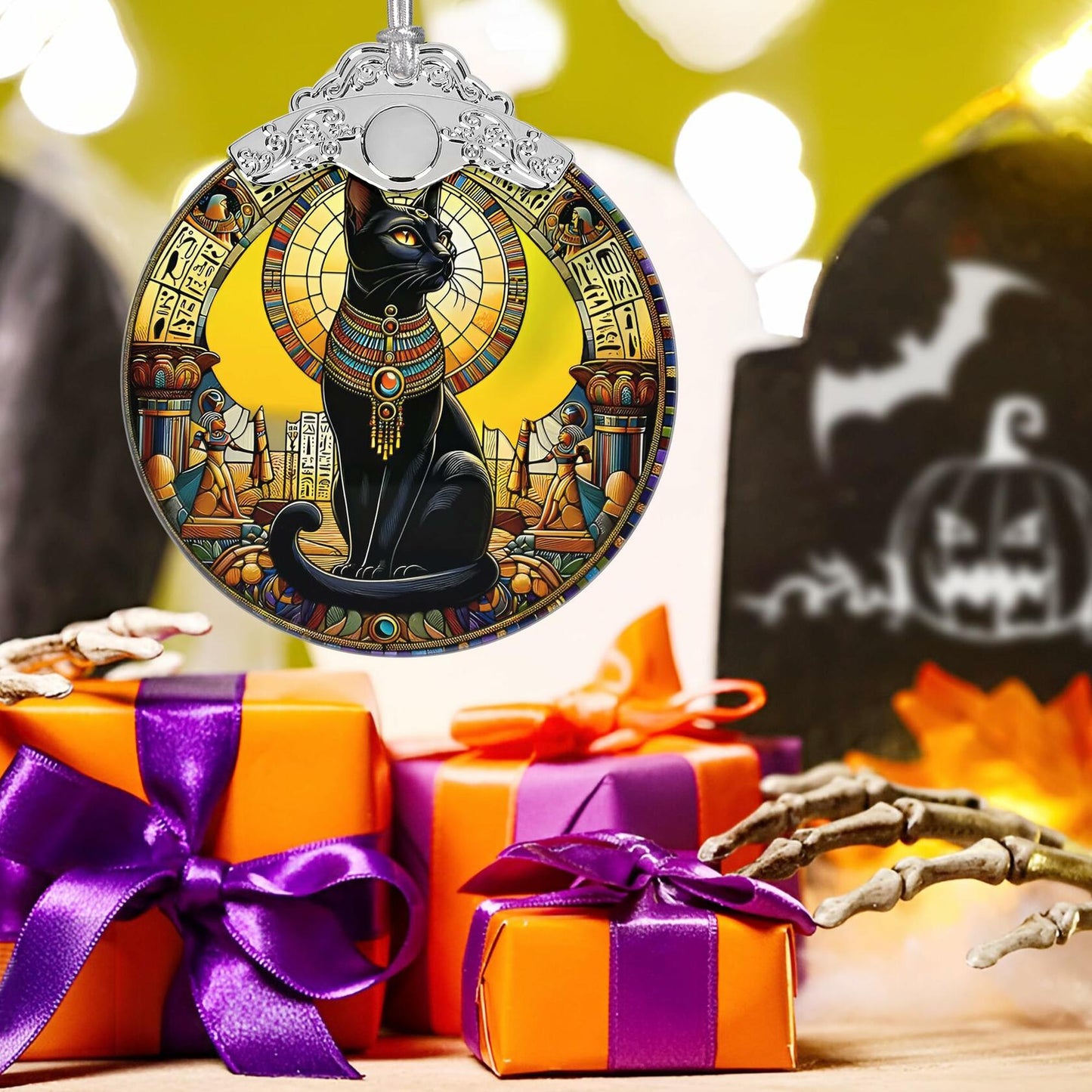 Exotic Black Cat Stained Glass Christmas Ornament Holiday Decoration