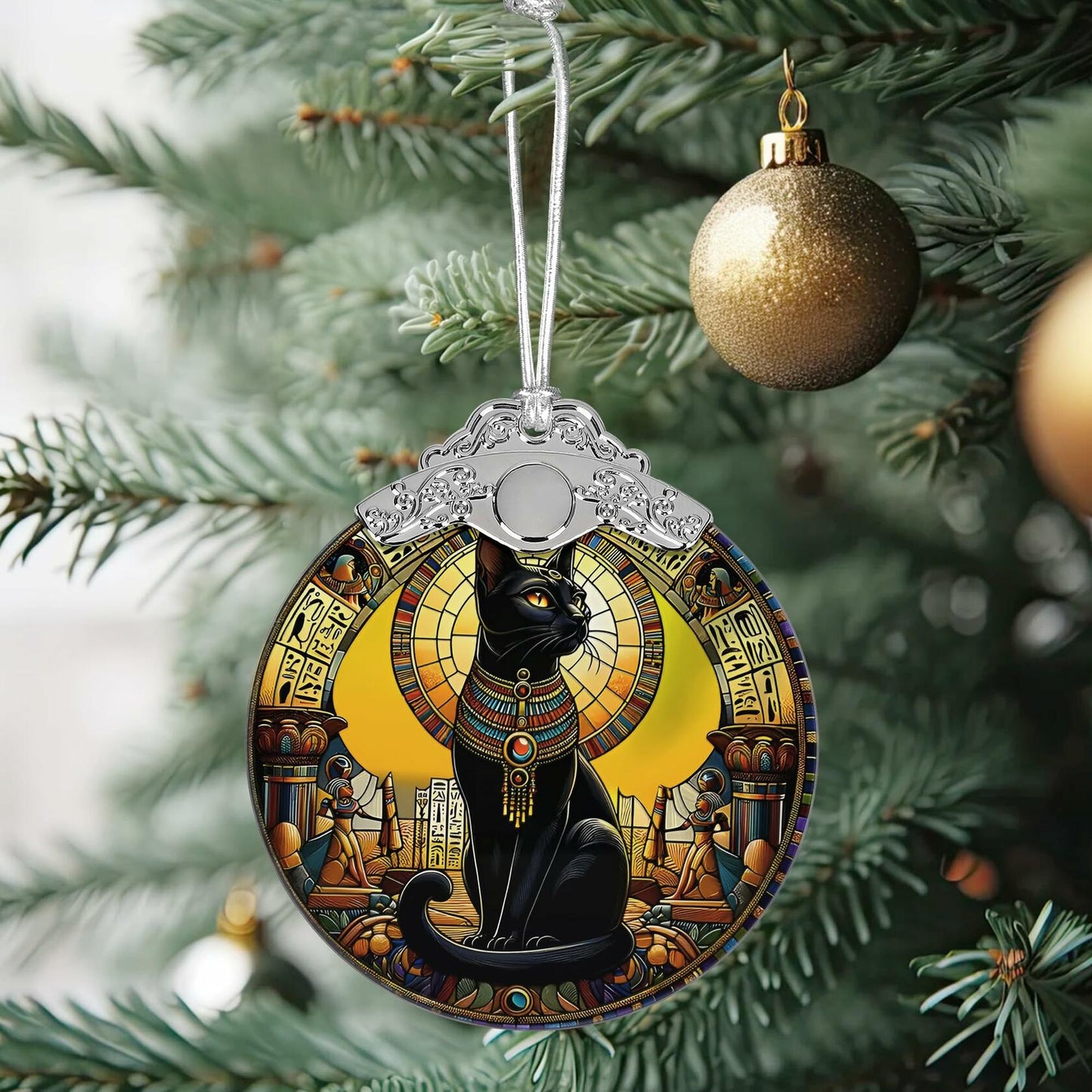 Exotic Black Cat Stained Glass Christmas Ornament Holiday Decoration