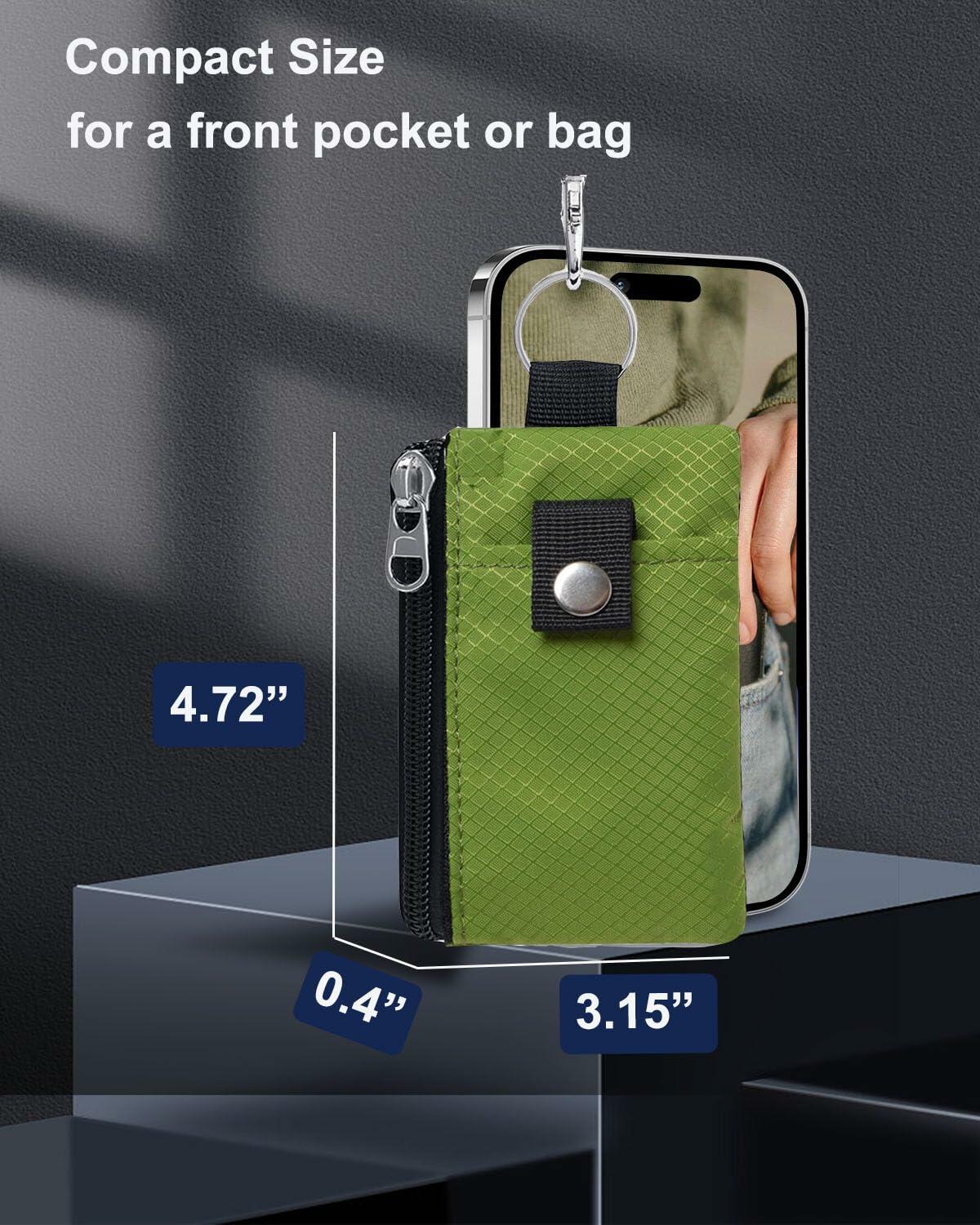 Minimalist Wallet RFID Blocking Keychain Lanyard Zipper ID Case Olive Green