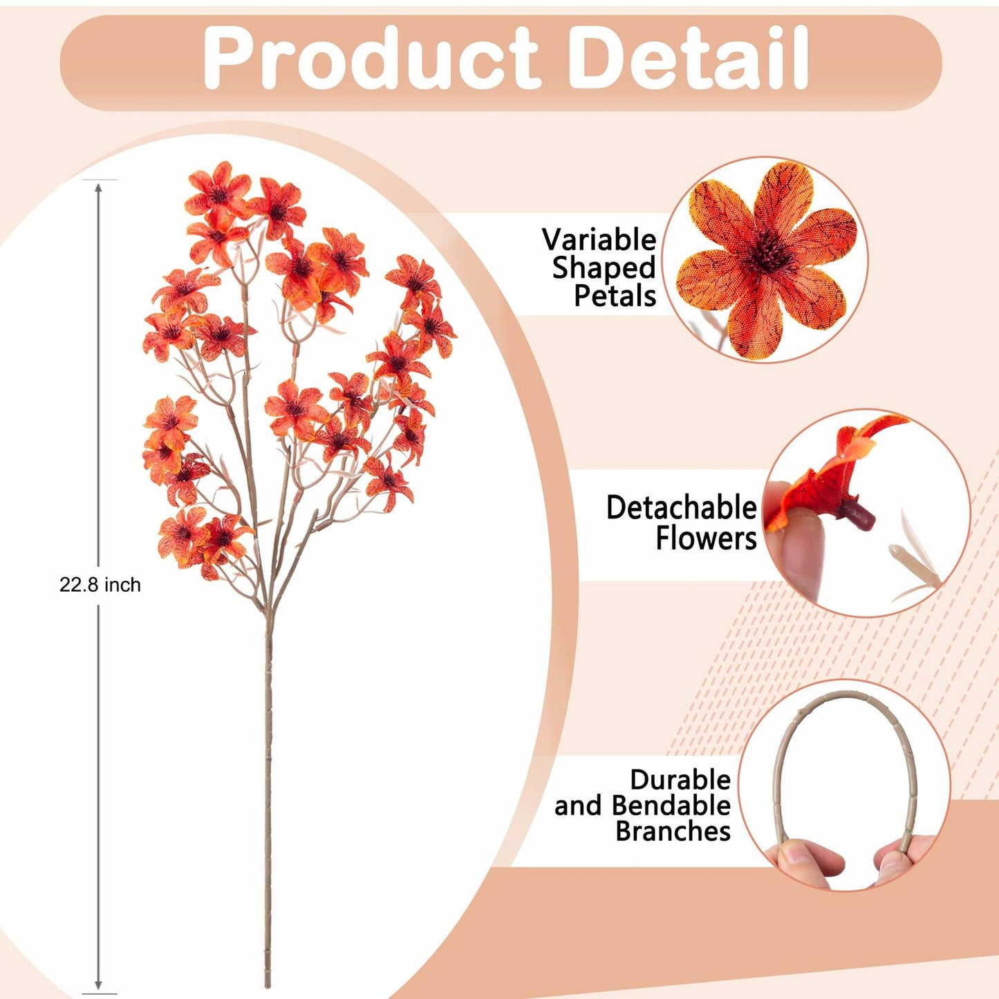 Ammyoo Artificial Flowers 6 Pcs Long Stem Fake Flower Vase Filler Decor
