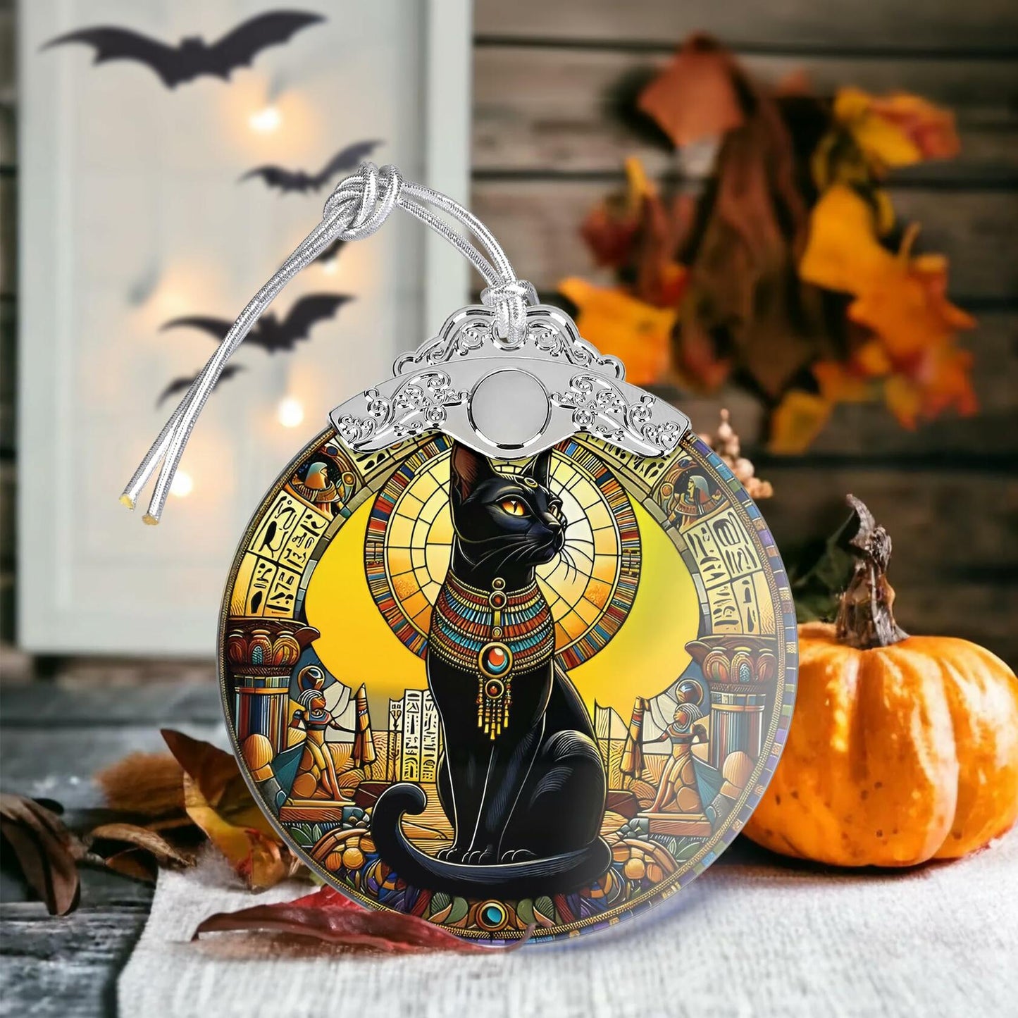 Exotic Black Cat Stained Glass Christmas Ornament Holiday Decoration