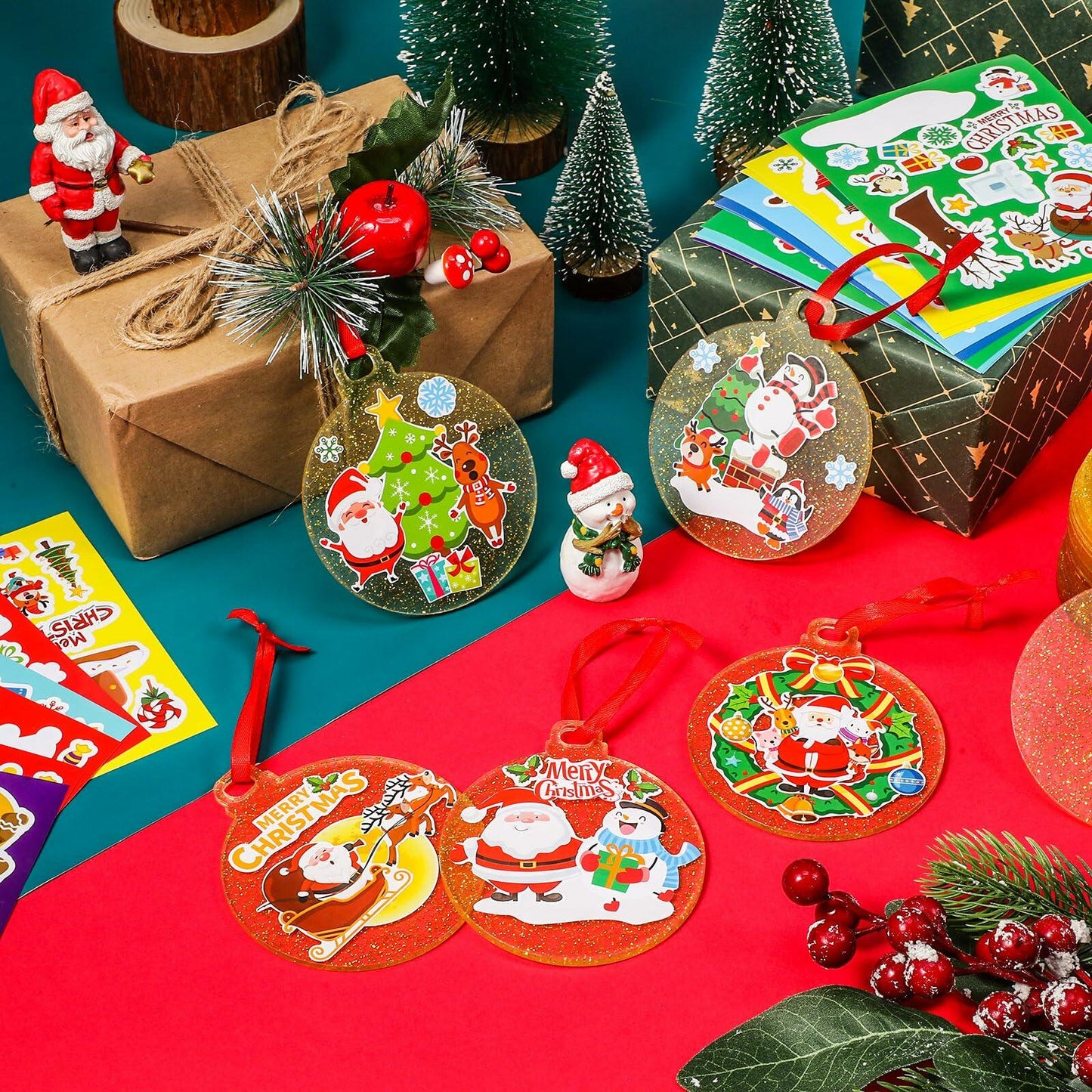 Capoda 24 Pack Clear Acrylic Christmas Ornaments with Red Ribbon Gold