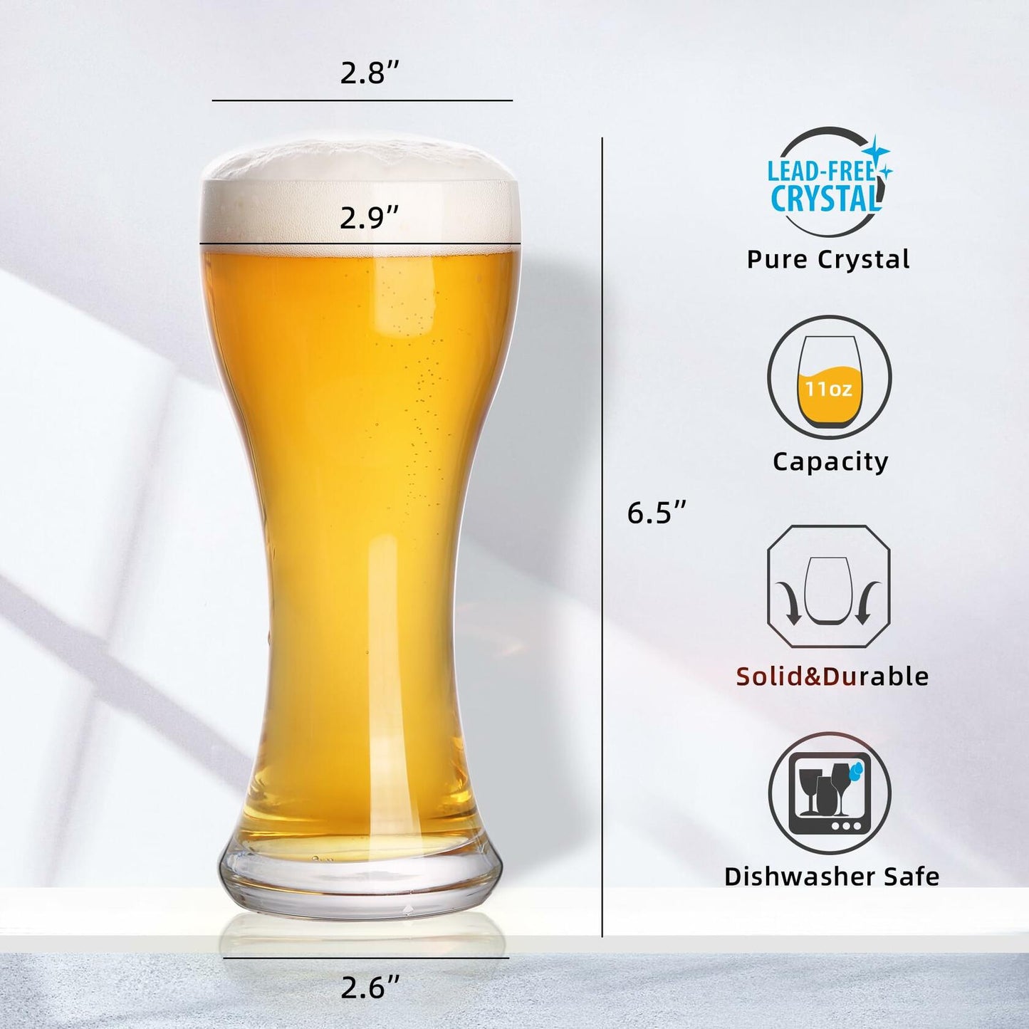 YIBEZ Pilsner Beer Glasses Set of 4 11oz Solid Clear Glassware Cups