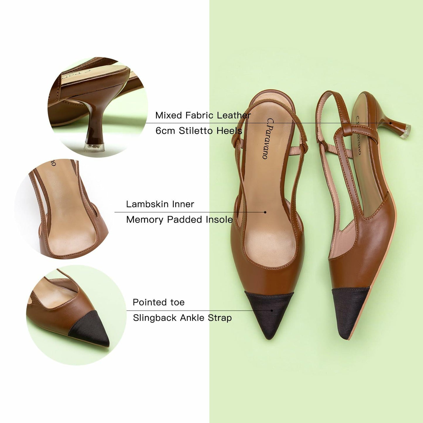C.Paravano Women's Pointed Toe Slingback Pumps Brown Heels Size 11