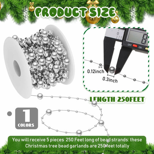 Ecally 250ft Plastic Beads Garland Chain Roll Silver Wedding Decor