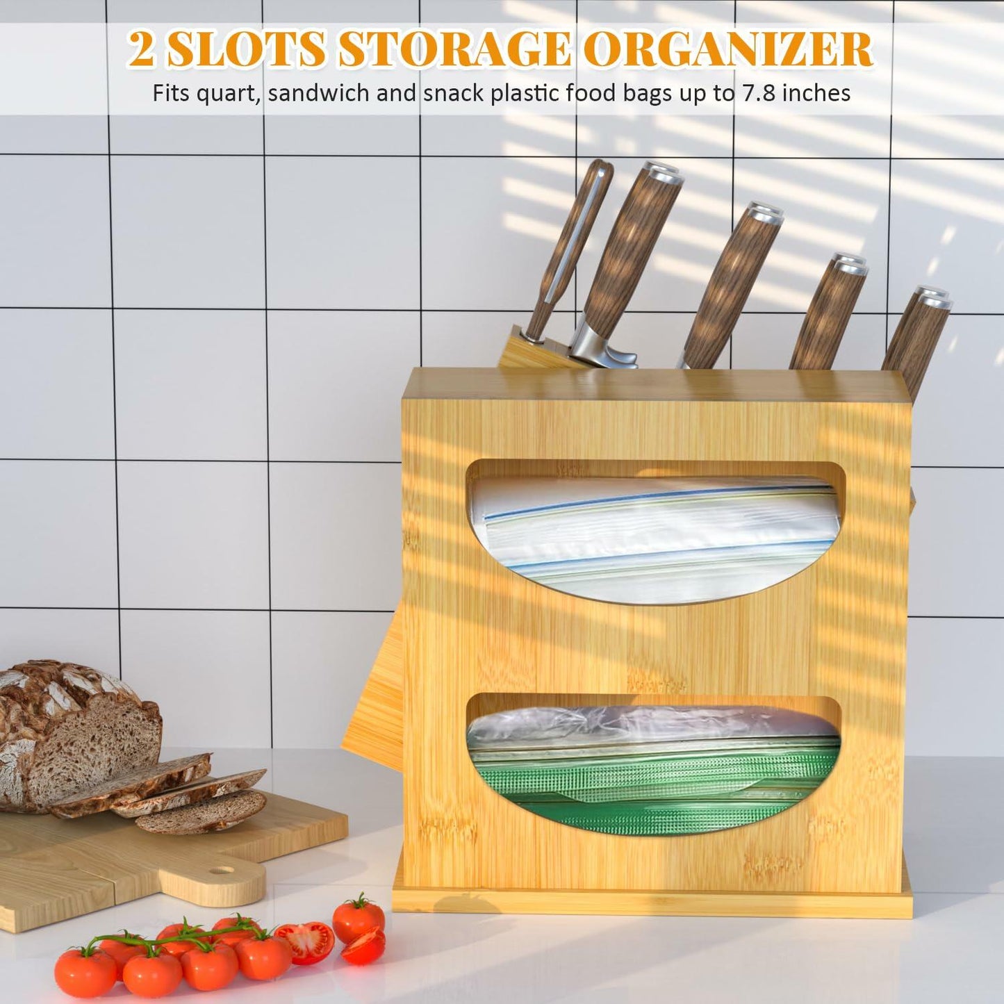 Food Storage Bag Organizer 2-in-1 Knife Block Countertop Multi-size