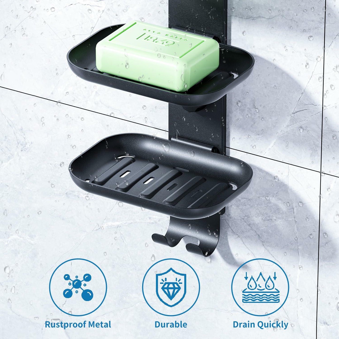 MAYZOLOP Soap Dish Holder Shower Wall Mount with 2 Hooks Bathroom