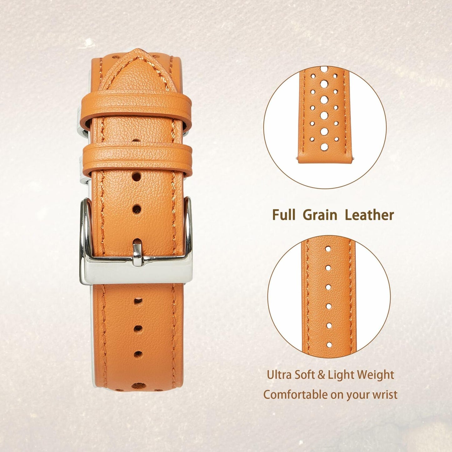 Jeereal Leather Watch Band Strap 22mm Tan Genuine Leather