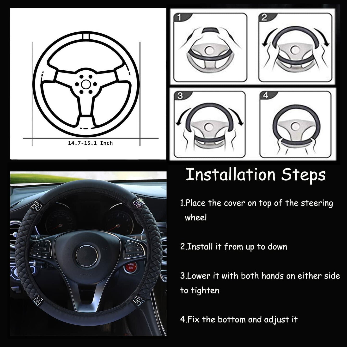 Bling Soft Leather Steering Wheel Cover Colorful Rhinestones 15 Inch