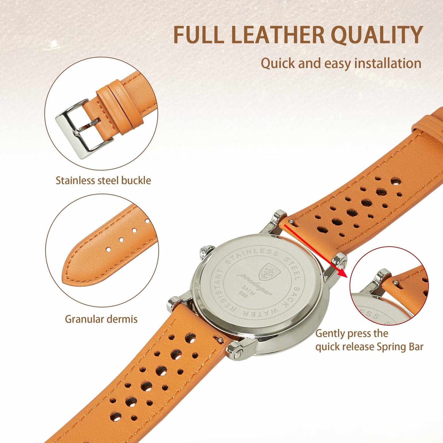 Jeereal Leather Watch Band Strap 22mm Tan Genuine Leather
