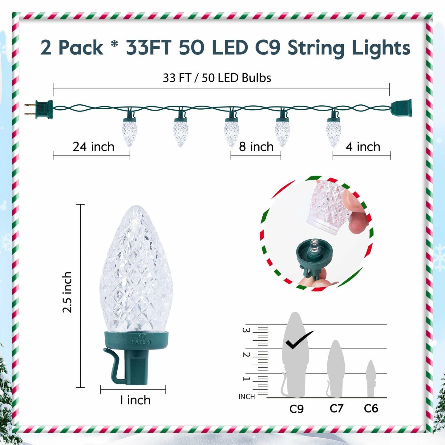 Brightown C9 LED Christmas String Lights 33ft 50 LED Warm White 2 Pack