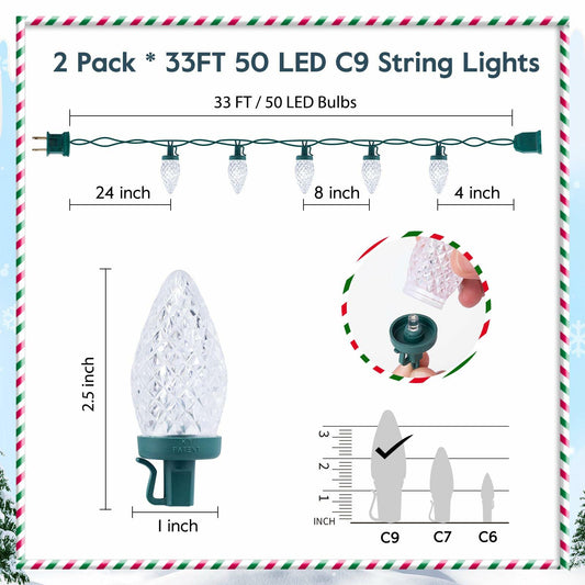 Brightown C9 LED Christmas String Lights 33ft 50 LED Warm White 2 Pack