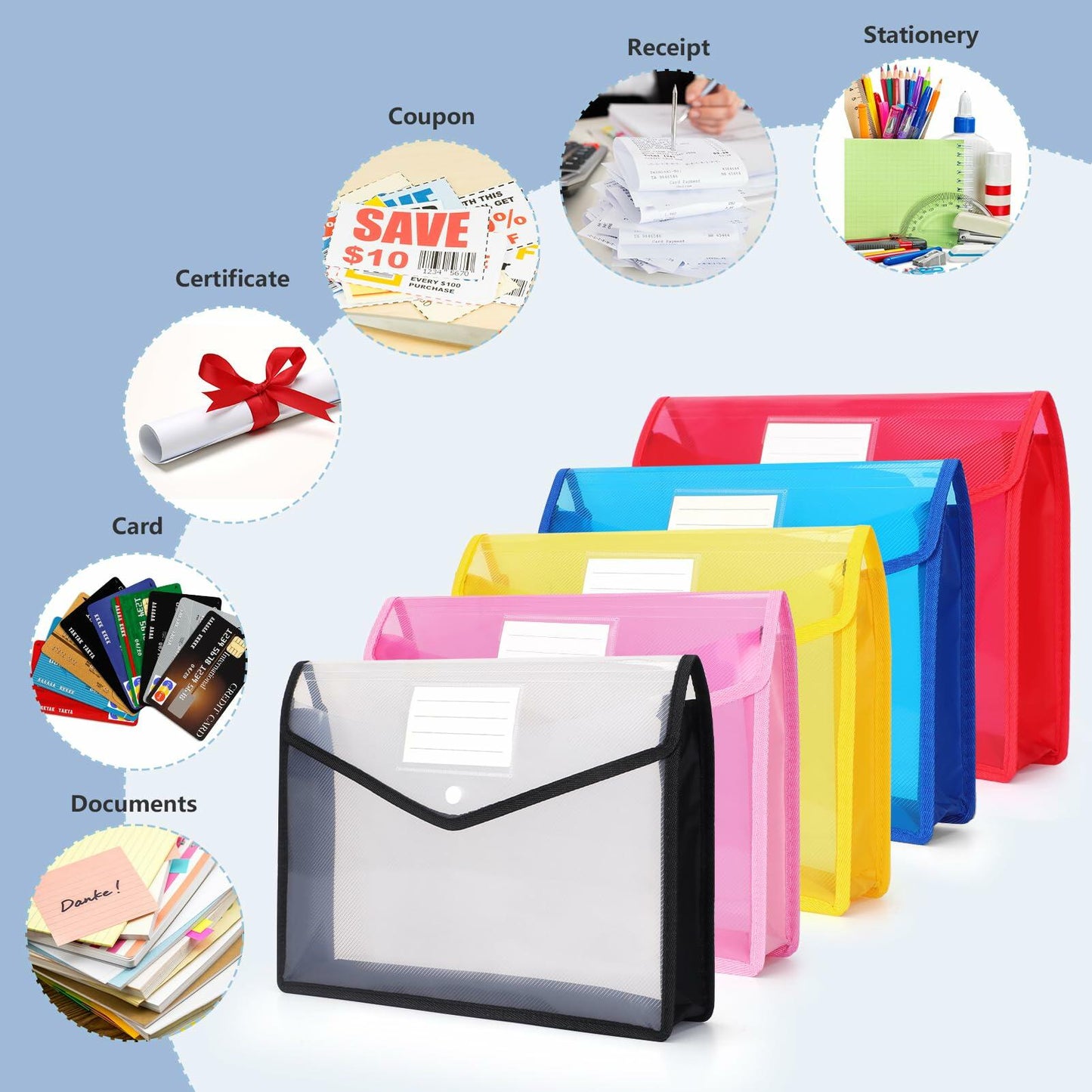 Zentiky A4 Plastic File Folders 5Pcs Expanding Snap Closure Transparent