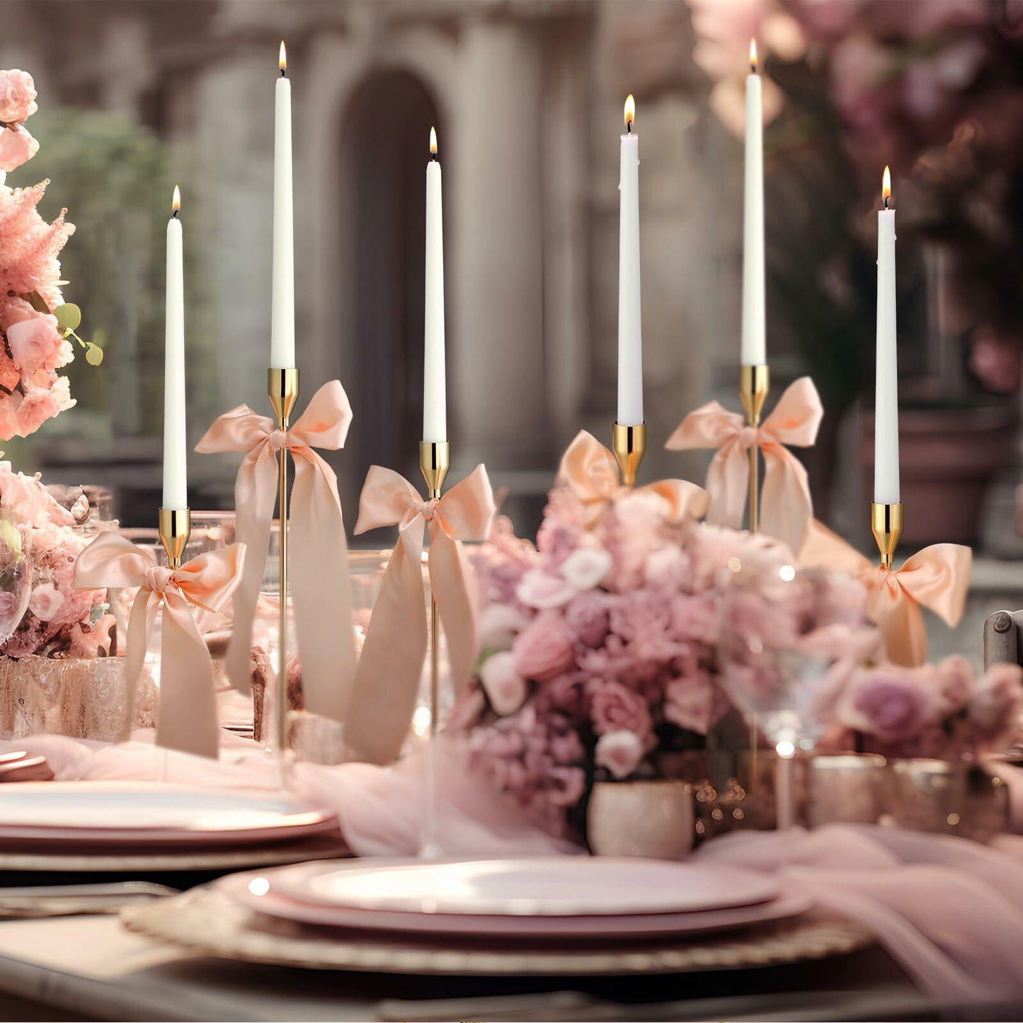 Mumufy 6 Set Gold Metal Taper Candlestick Holders Pink Satin Bow