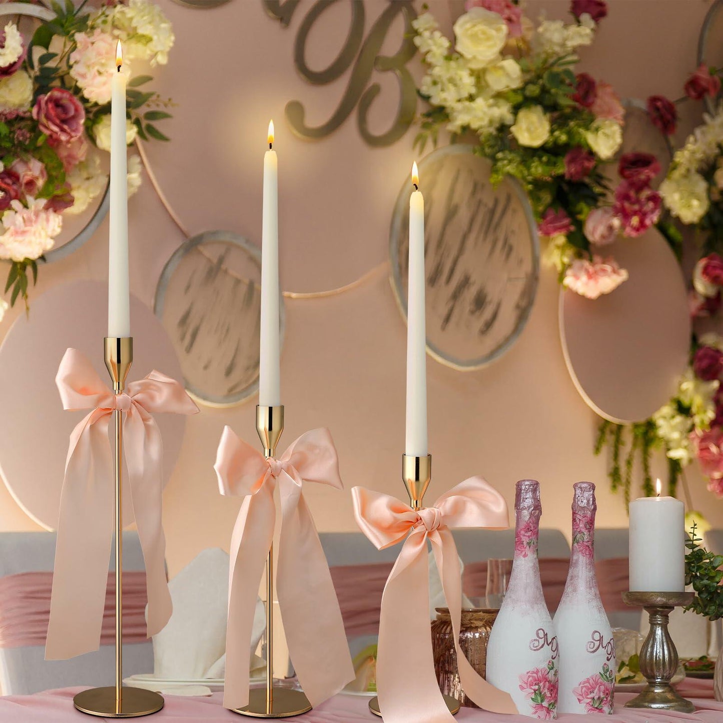 Mumufy 6 Set Gold Metal Taper Candlestick Holders Pink Satin Bow