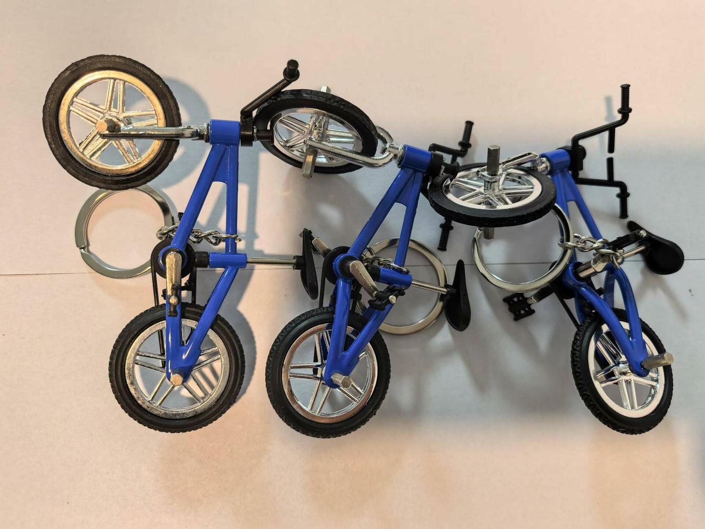 Blue Mini Bike Keychains Set of 3 Alloy Plastic Detachable Wheels Keyrings
