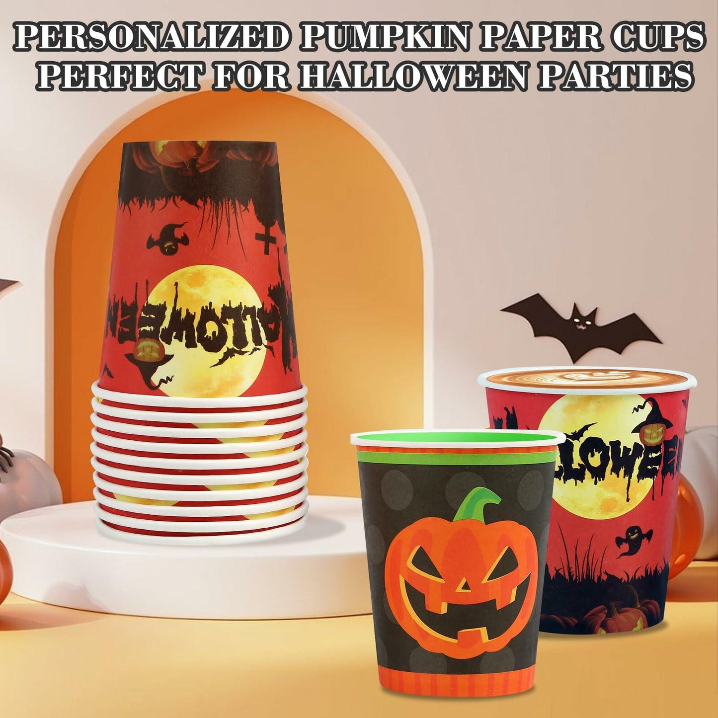 Crumya Pumpkin Disposable Paper Cups 9oz Halloween Party Supplies 100pcs